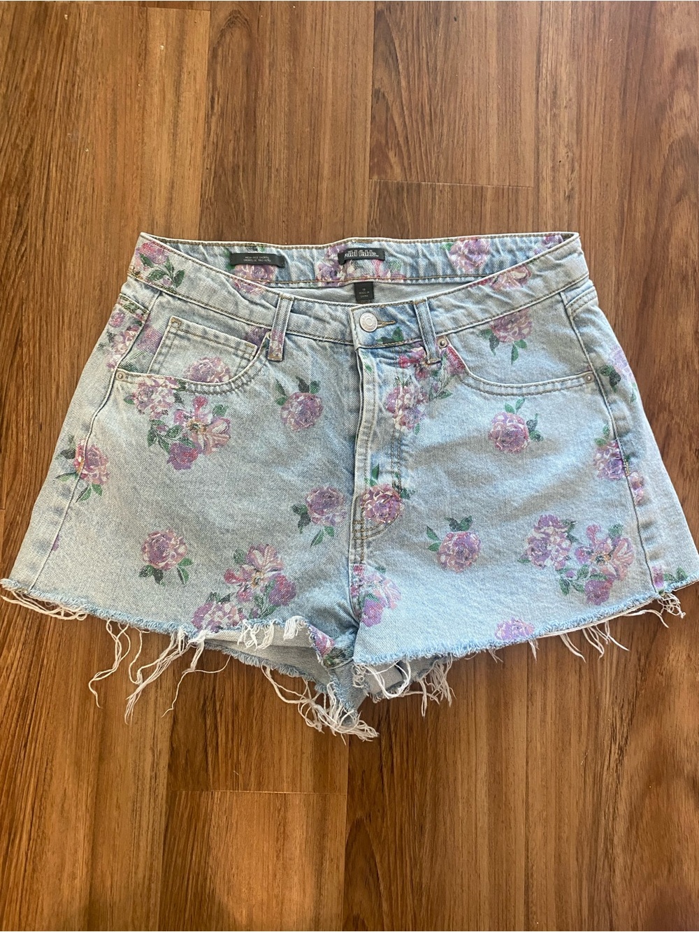 Floral Print High-Rise Denim Shorts - Light Blue/Purple
